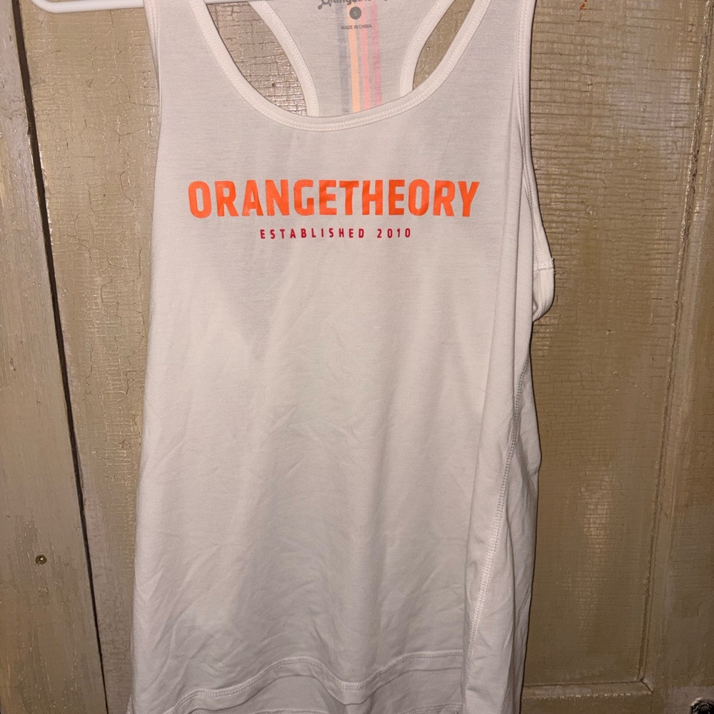 Orangetheory White Tank with Pastel Stripe Detail